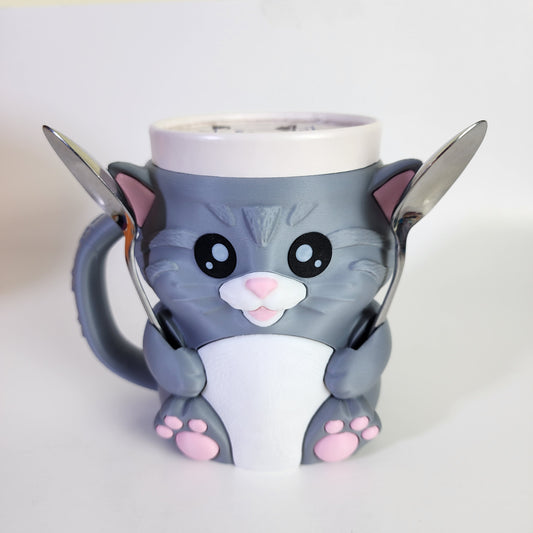 Ice Cream Pint Holder - Cuddles the Cat - Grey/White