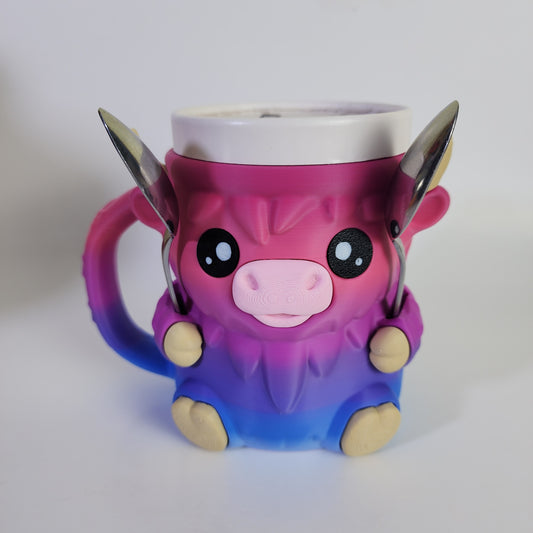 Ice Cream Pint Holder - Ferdinand the Highland Cow - Blue/Purple/Pink Rainbow